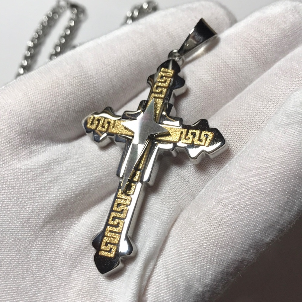 Greek Key Cross Pendant and Chain Combo